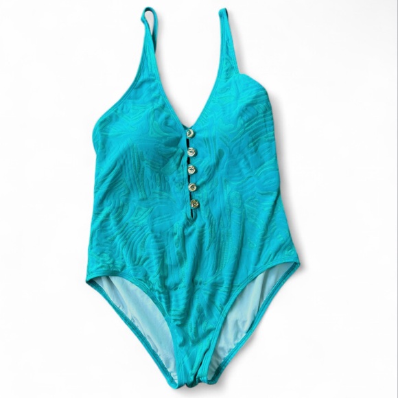 St. John Other - ST. JOHN SWIM Teal Textured V-Neck One Piece Henley Swimsuit Luxury Designer 10